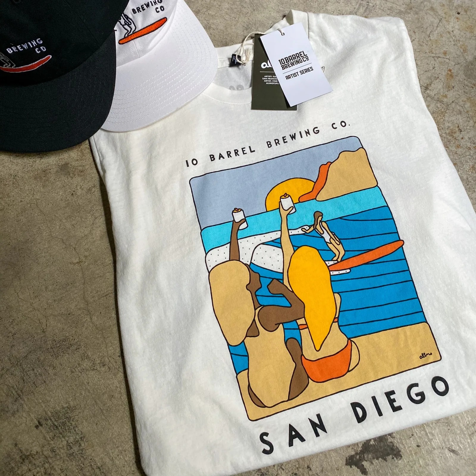 Alimo x 10 Barrel Brewing Co San Diego, 2020 — T-shirt & merch — San Diego, CA — surf art, surf lifestyle art, ocean wall art, surf lifestyle brand art, art collaboration by Alimo, post-pop surf artist Brooklyn NY — image 1 of 3
