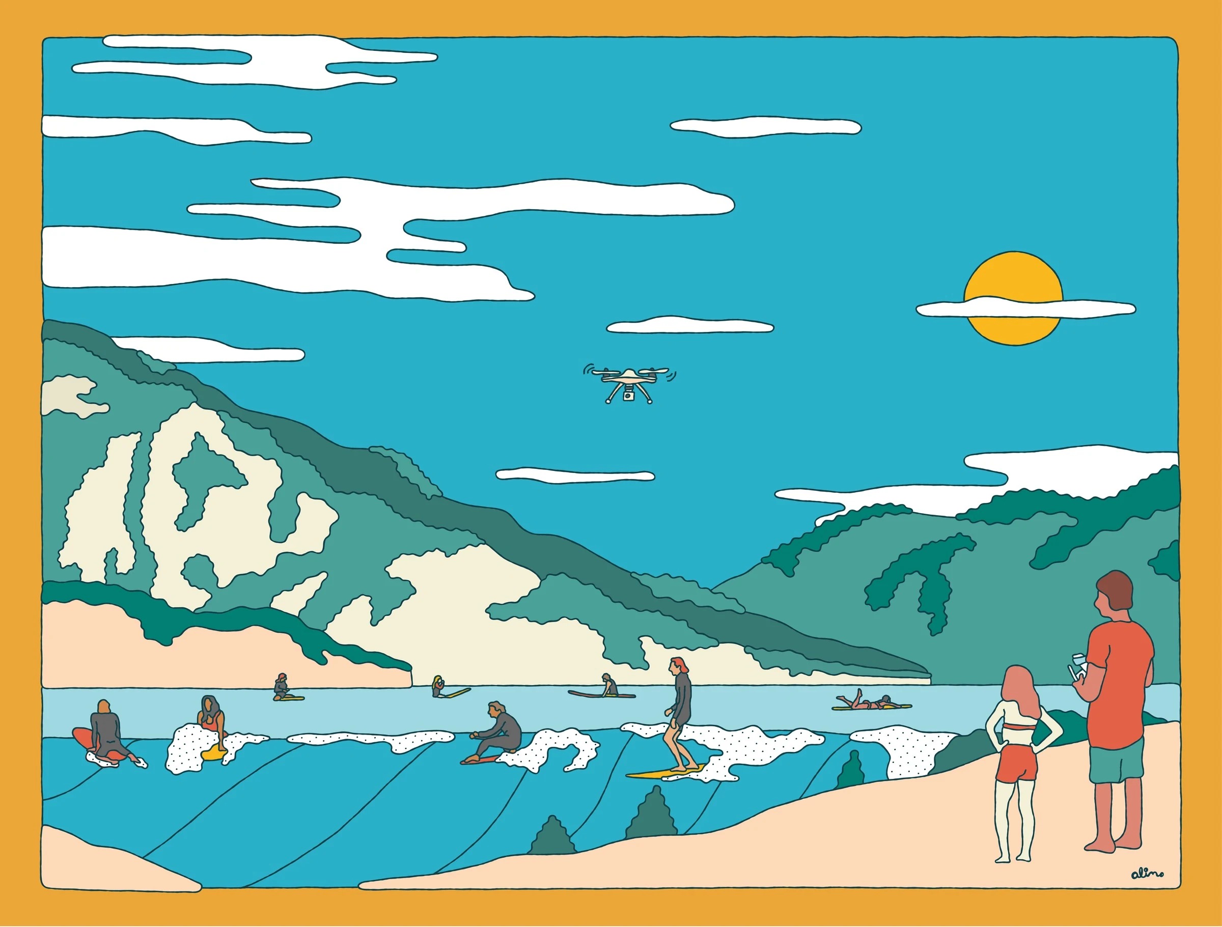 Surfers in Flight, 2023 — Digital art — surf art, surf lifestyle art, ocean wall art, digital art, limited edition print, figurative art, lifestyle illustration by Alimo, post-pop surf artist Brooklyn NY