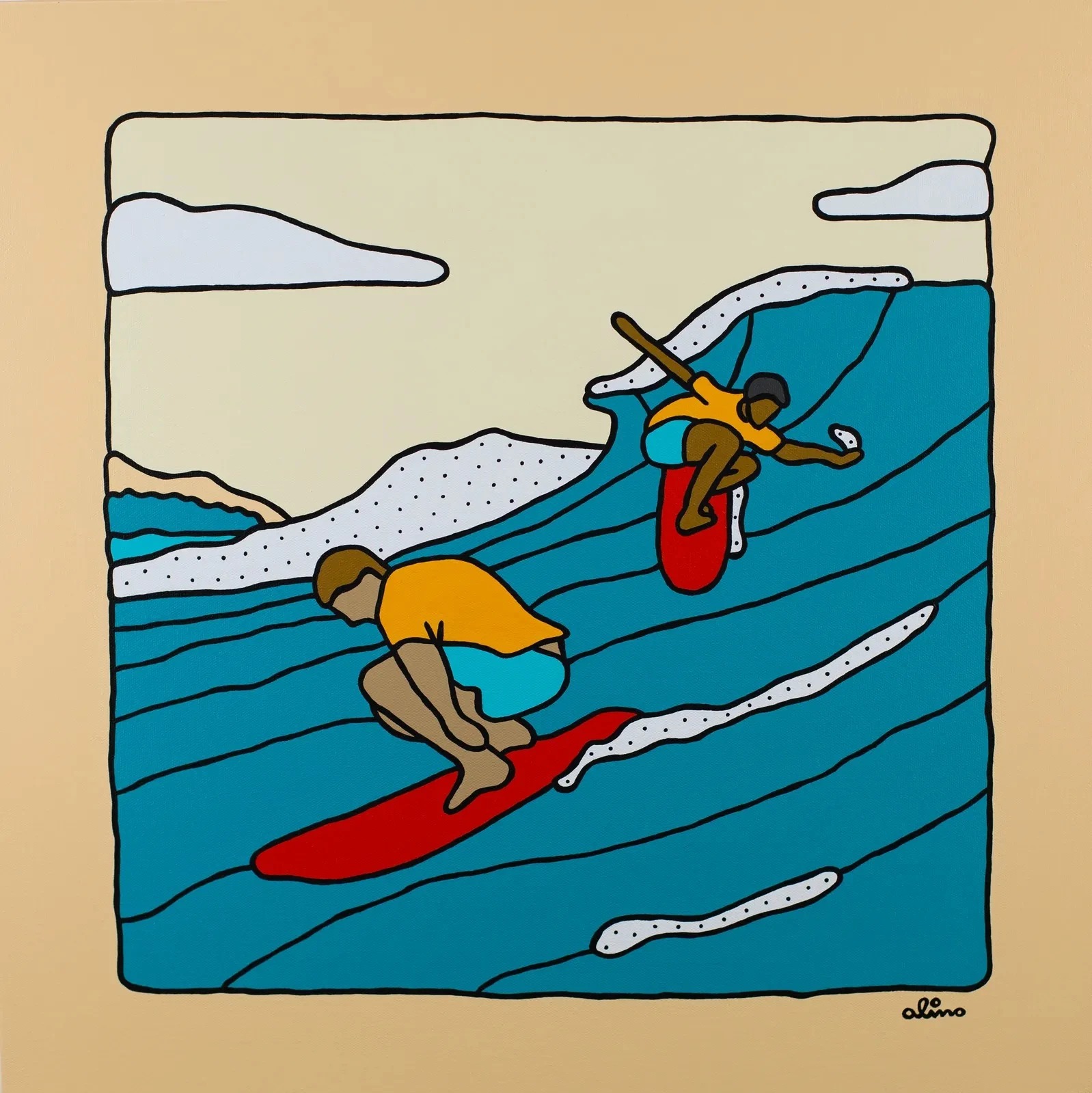 Spring Break, 2023 — Acrylic on canvas, 24 × 24 in. — SEASON TWO Group Exhibition, ABV Gallery, Atlanta — surf art, surf lifestyle art, ocean wall art, original acrylic painting, bold colorful painting, acrylic on canvas by Alimo, post-pop surf artist Brooklyn NY
