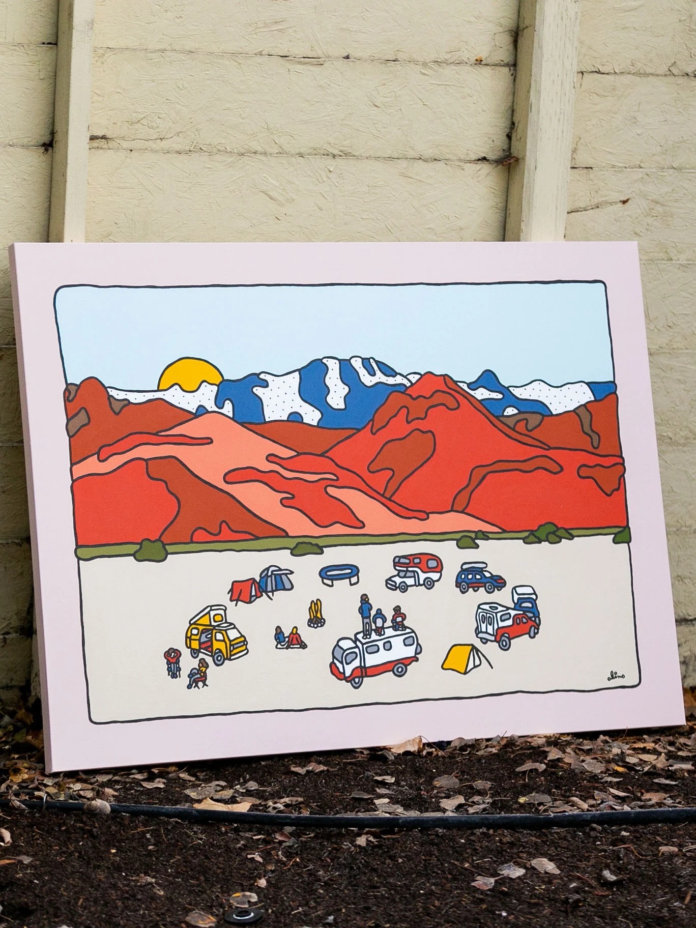 Alvord Desert, 2020 — Acrylic on canvas, 30 × 40 in. — original acrylic painting, bold colorful painting, acrylic on canvas by Alimo, post-pop surf artist Brooklyn NY