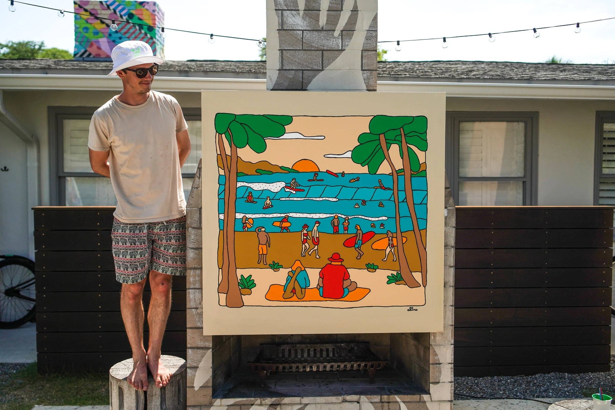 Swell Days, 2022 — Acrylic on canvas, 36 × 48 in. — Art Camp Residency hosted by Lucas Beaufort, Palms Beach Hotel, Jacksonville, FL — surf art, surf lifestyle art, ocean wall art, original acrylic painting, bold colorful painting, acrylic on canvas by Alimo, post-pop surf artist Brooklyn NY — image 1 of 3