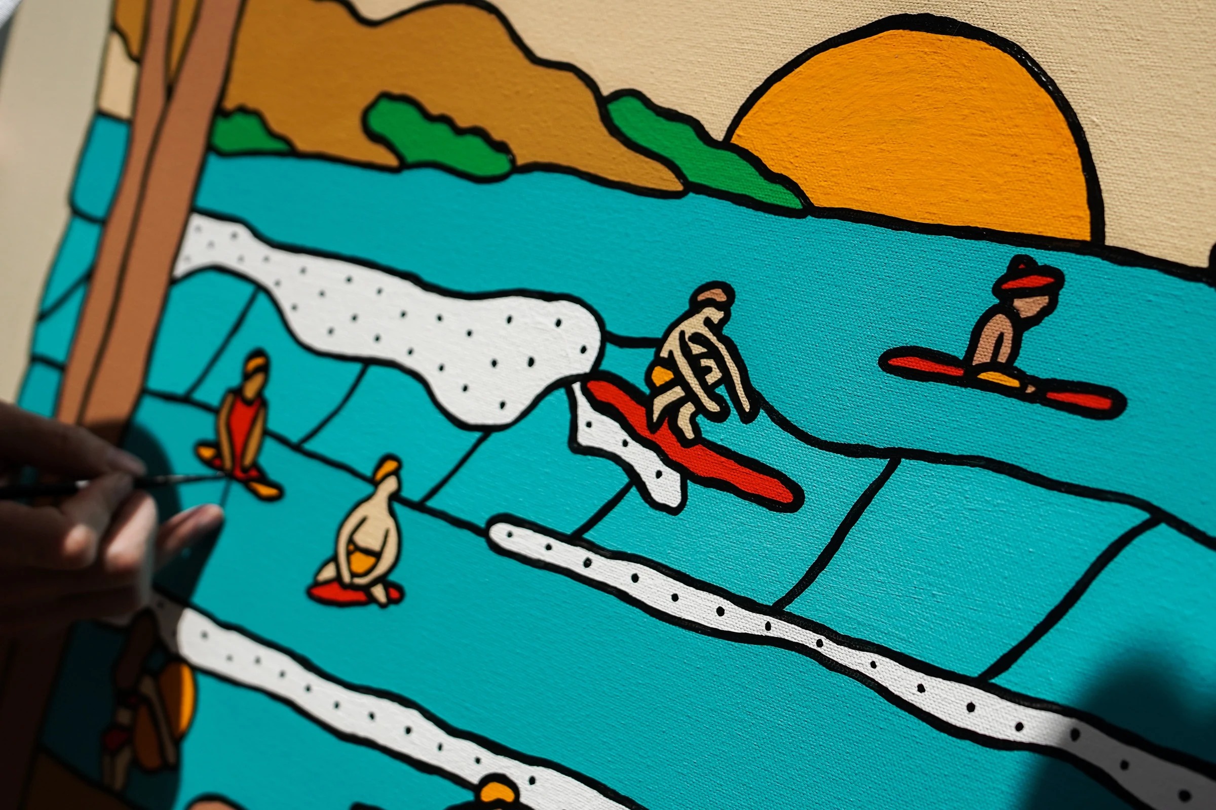 Swell Days, 2022 — Acrylic on canvas, 36 × 48 in. — Art Camp Residency hosted by Lucas Beaufort, Palms Beach Hotel, Jacksonville, FL — surf art, surf lifestyle art, ocean wall art, original acrylic painting, bold colorful painting, acrylic on canvas by Alimo, post-pop surf artist Brooklyn NY — image 2 of 3