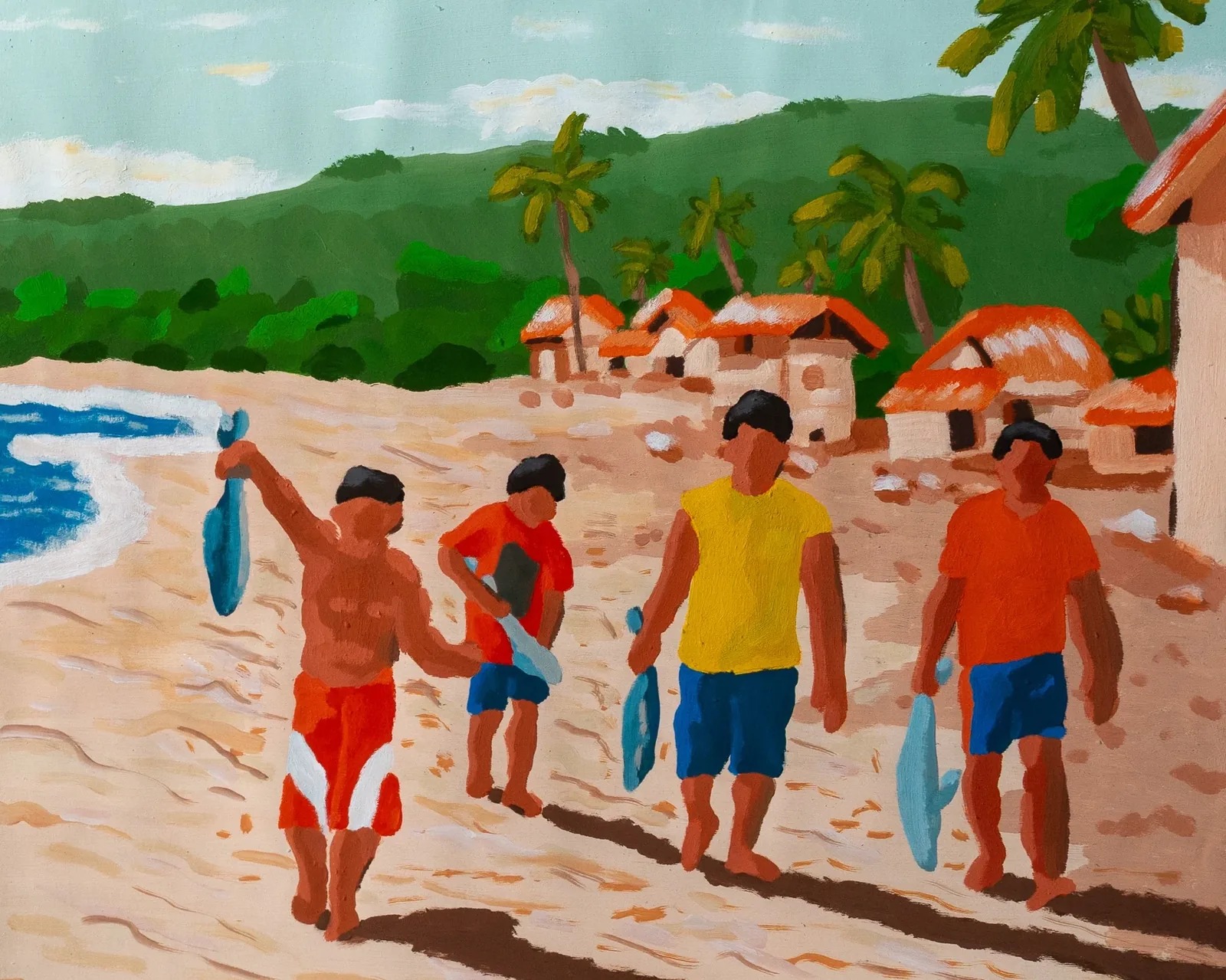 Alimo — Catch of the Day, Acrylic gouache on paper, 14×17" in. (2026) — original gouache painting for sale, painting on paper — original painting available