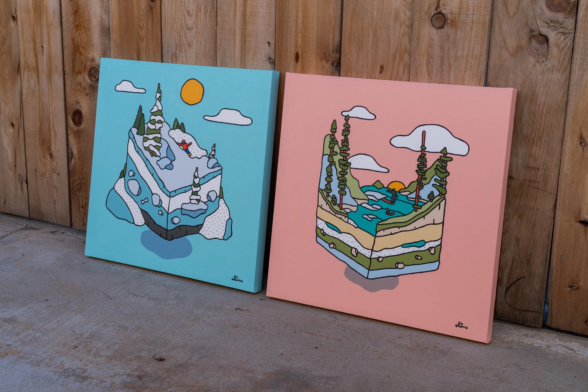 Alimo x Crypto Climates, 2022 — Acrylic on canvas, 24 × 24 in. — original acrylic painting, bold colorful painting, acrylic on canvas, surf lifestyle brand art, art collaboration by Alimo, post-pop surf artist Brooklyn NY