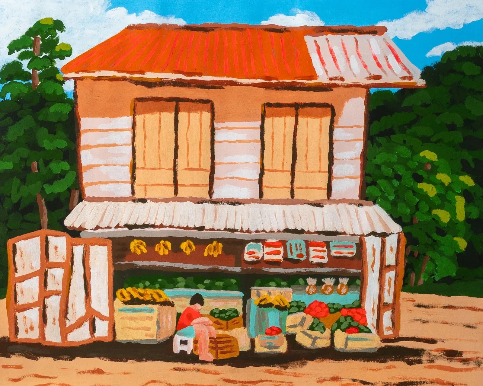 Grocery Day, 2026 — Acrylic gouache on paper, 14×17" in. — Open Studio February 2026 — gouache illustration, art print, painting on paper by Alimo, post-pop surf artist Brooklyn NY