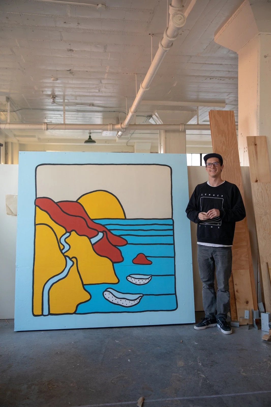 Hygge, 2018 — 6x6 ft — West Coast Craft, San Francisco, CA — surf art, surf lifestyle art, ocean wall art, mural art, large scale painting by Alimo, post-pop surf artist Brooklyn NY — image 2 of 2