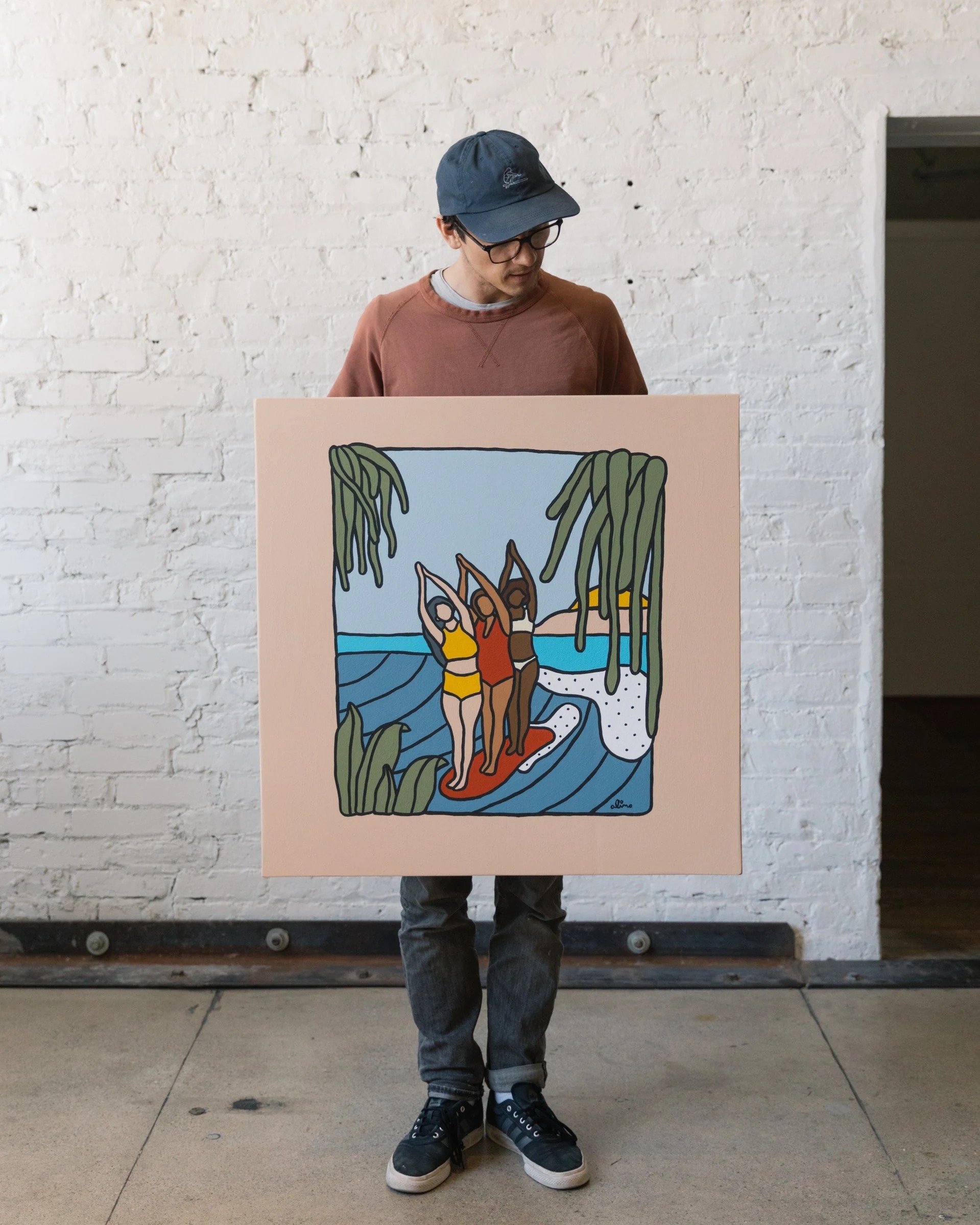 For the Better, 2019 — Acrylic on canvas, 24 × 24 in. — Jolby Art Show, Portland, OR — original acrylic painting, bold colorful painting, acrylic on canvas by Alimo, post-pop surf artist Brooklyn NY — image 1 of 3