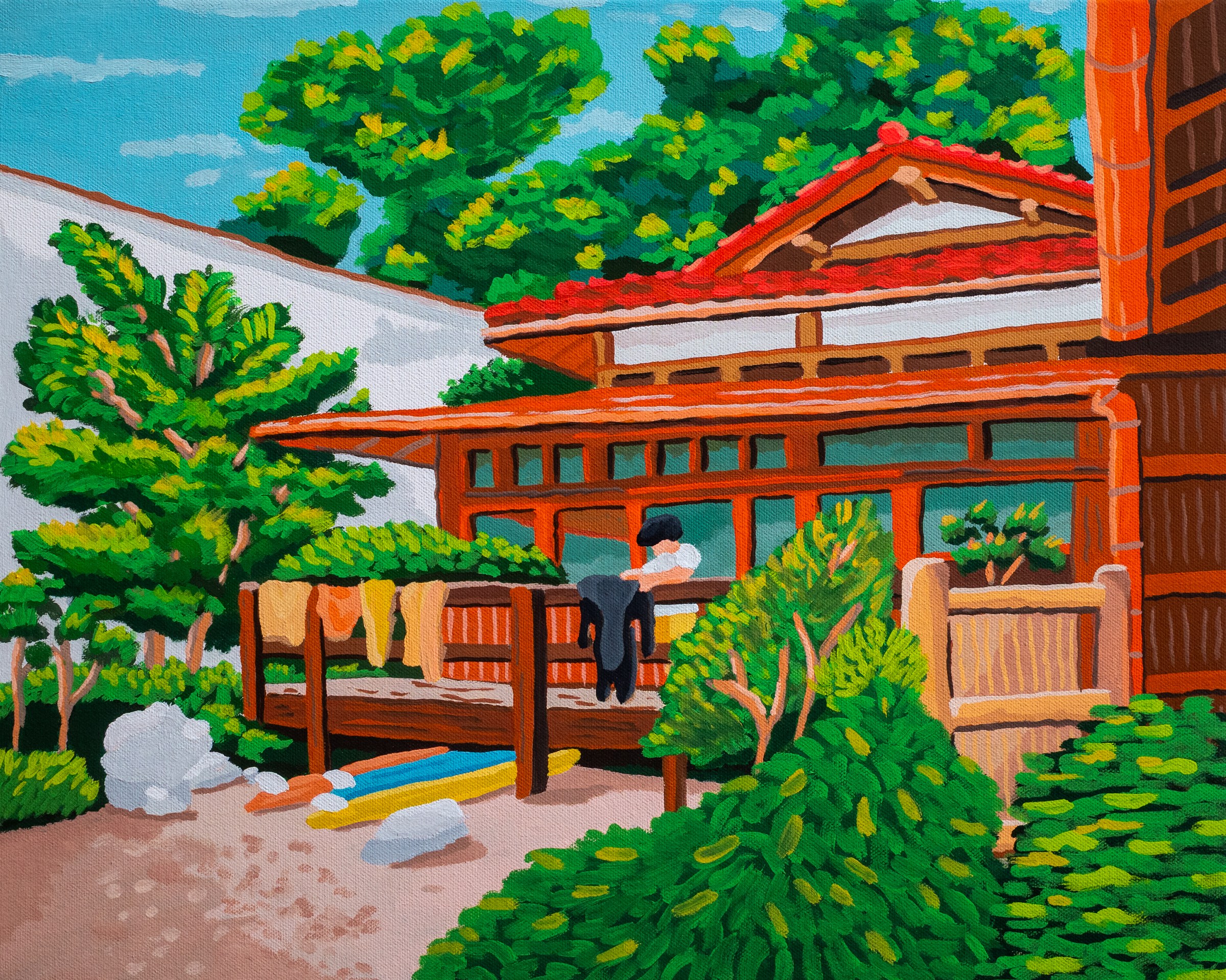 My Oasis, 2026 — Acrylic gouache on canvas, 16x20" in. — Greenroom Festival — original acrylic painting, bold colorful painting, acrylic on canvas by Alimo, post-pop surf artist Brooklyn NY