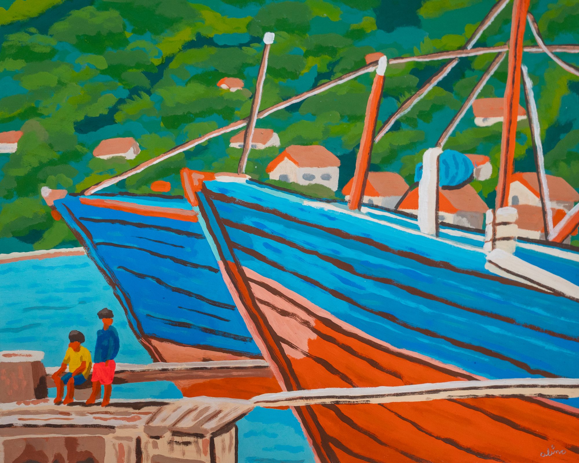 Boat Arrival, 2026 — Acrylic gouache on paper, 14×17" in. — Open Studio April 2026 — gouache illustration, art print, painting on paper by Alimo, post-pop surf artist Brooklyn NY