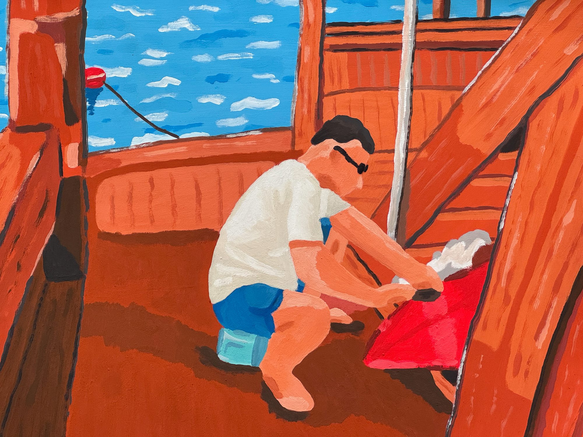 Alimo — Ship Shaper, Acrylic gouache on heavyweight paper, 14x17" in. (2026) — original gouache painting for sale, painting on paper — original painting available