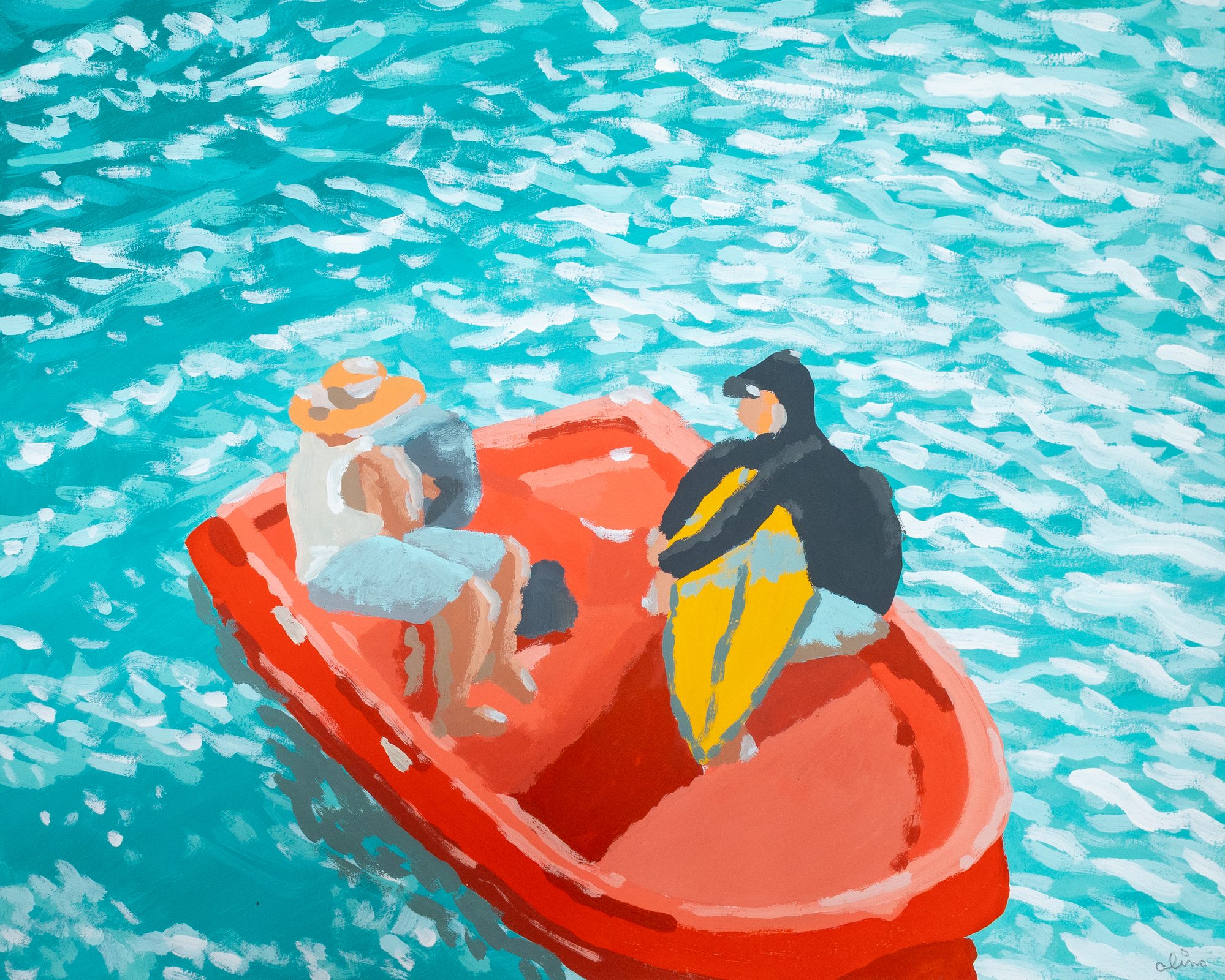 Alimo — Boat Tour, Acrylic gouache on paper, 14×17" in. (2026) — original gouache painting for sale, painting on paper — original painting available