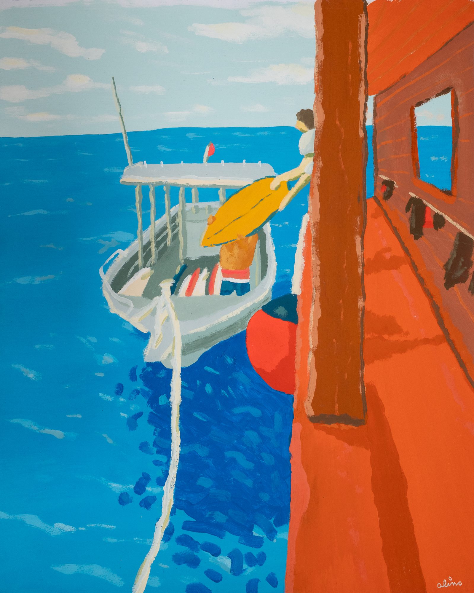 Alimo — Handoff, Acrylic gouache on paper, 14×17" in. (2026) — original gouache painting for sale, painting on paper — original painting available