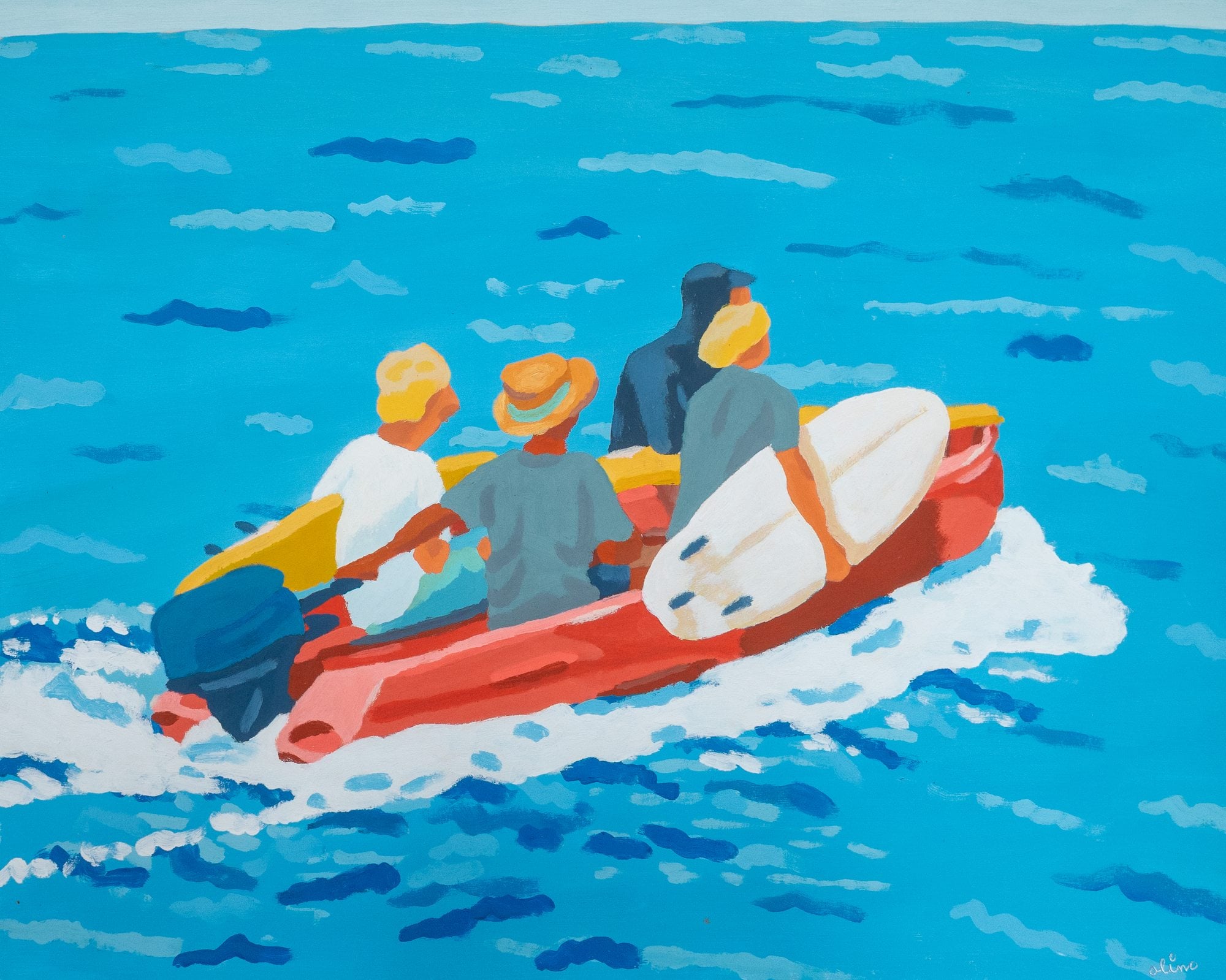 Off To The Lineup, 2026 — Acrylic gouache on paper, 14×17" in. — Open Studio March 2026 — surf art, surf lifestyle art, ocean wall art, gouache illustration, art print, painting on paper by Alimo, post-pop surf artist Brooklyn NY