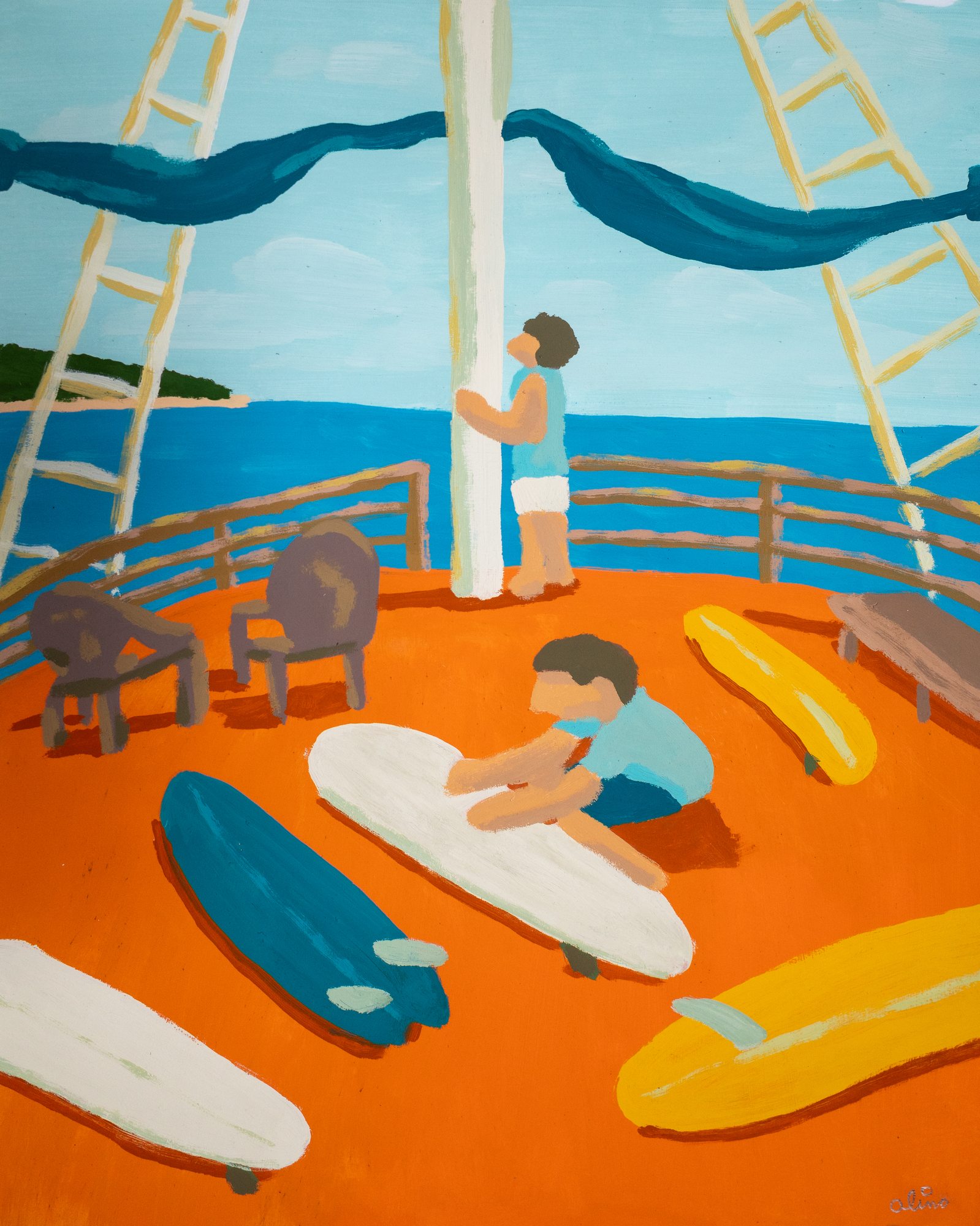 Alimo The Quiver, Acrylic gouache on paper, 14×17" in., Monthly Drops March Drop 2026, surf Indonesia 2026