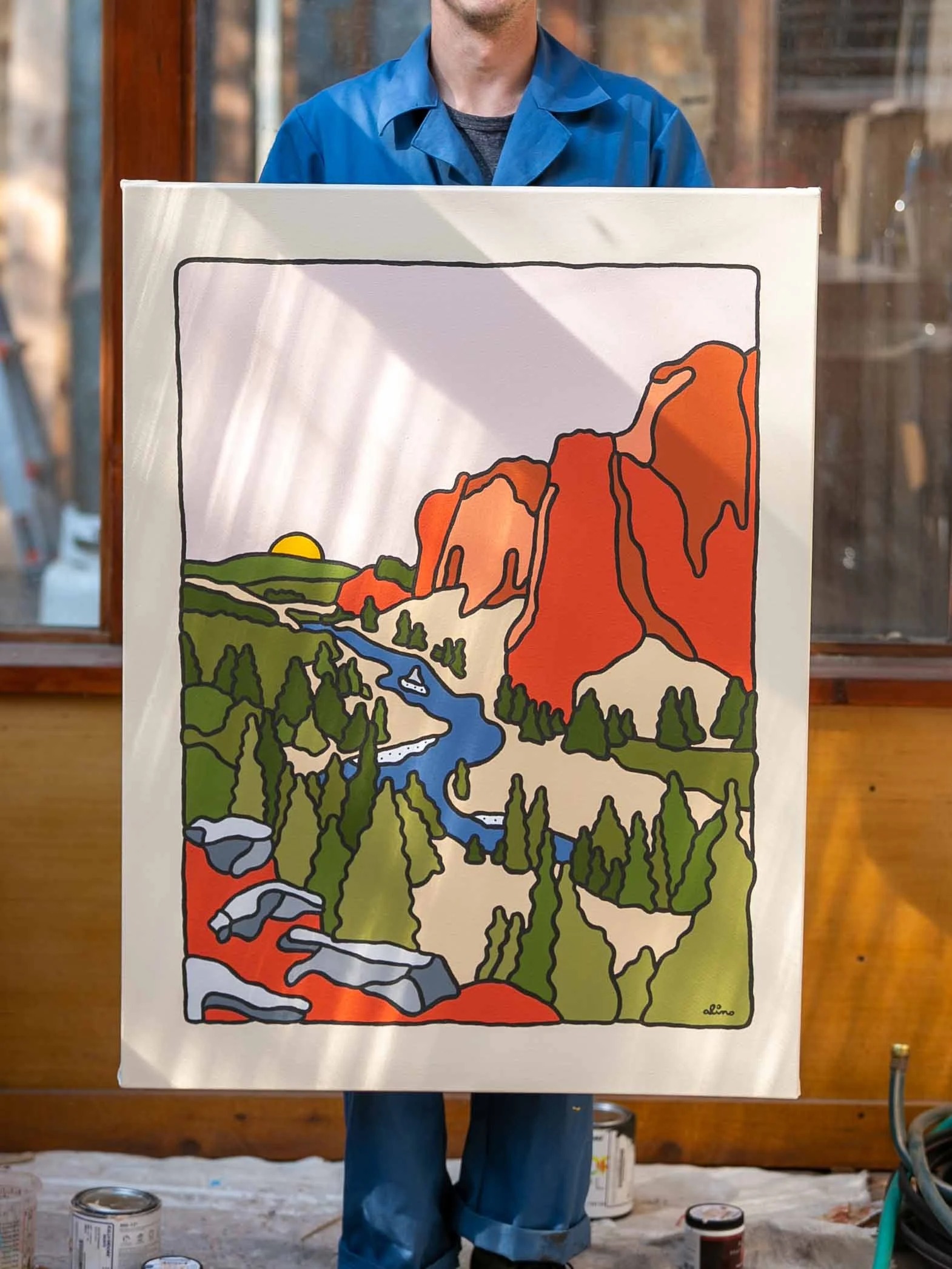 Smith Rock, 2020 — Acrylic on canvas, 30 × 40 in. — original acrylic painting, bold colorful painting, acrylic on canvas by Alimo, post-pop surf artist Brooklyn NY