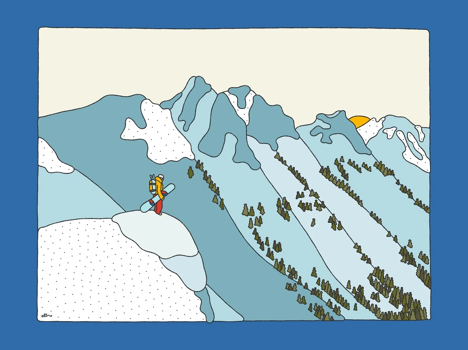 Alimo — Peaking, Digital Edition — Snow Collection, OpenSea, backcountry snowboarding digital art 2022