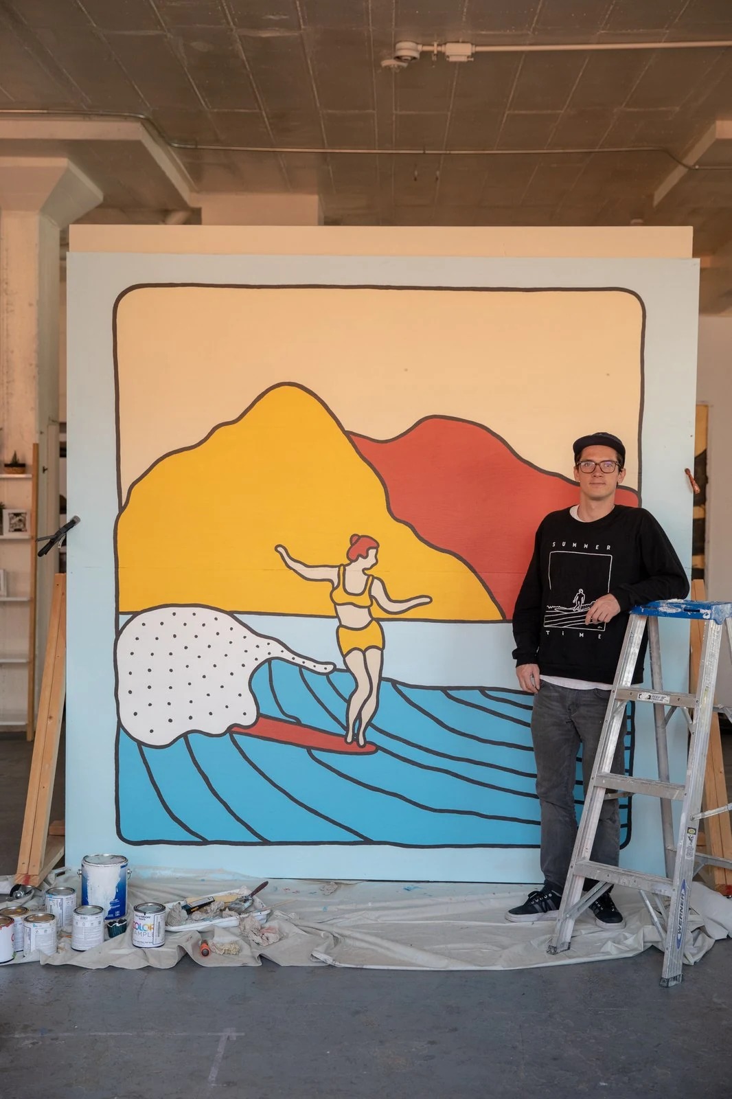 Summer, 2018 — 12x12 ft — West Coast Craft, San Francisco, CA — surf art, surf lifestyle art, ocean wall art, mural art, large scale painting by Alimo, post-pop surf artist Brooklyn NY — image 2 of 2