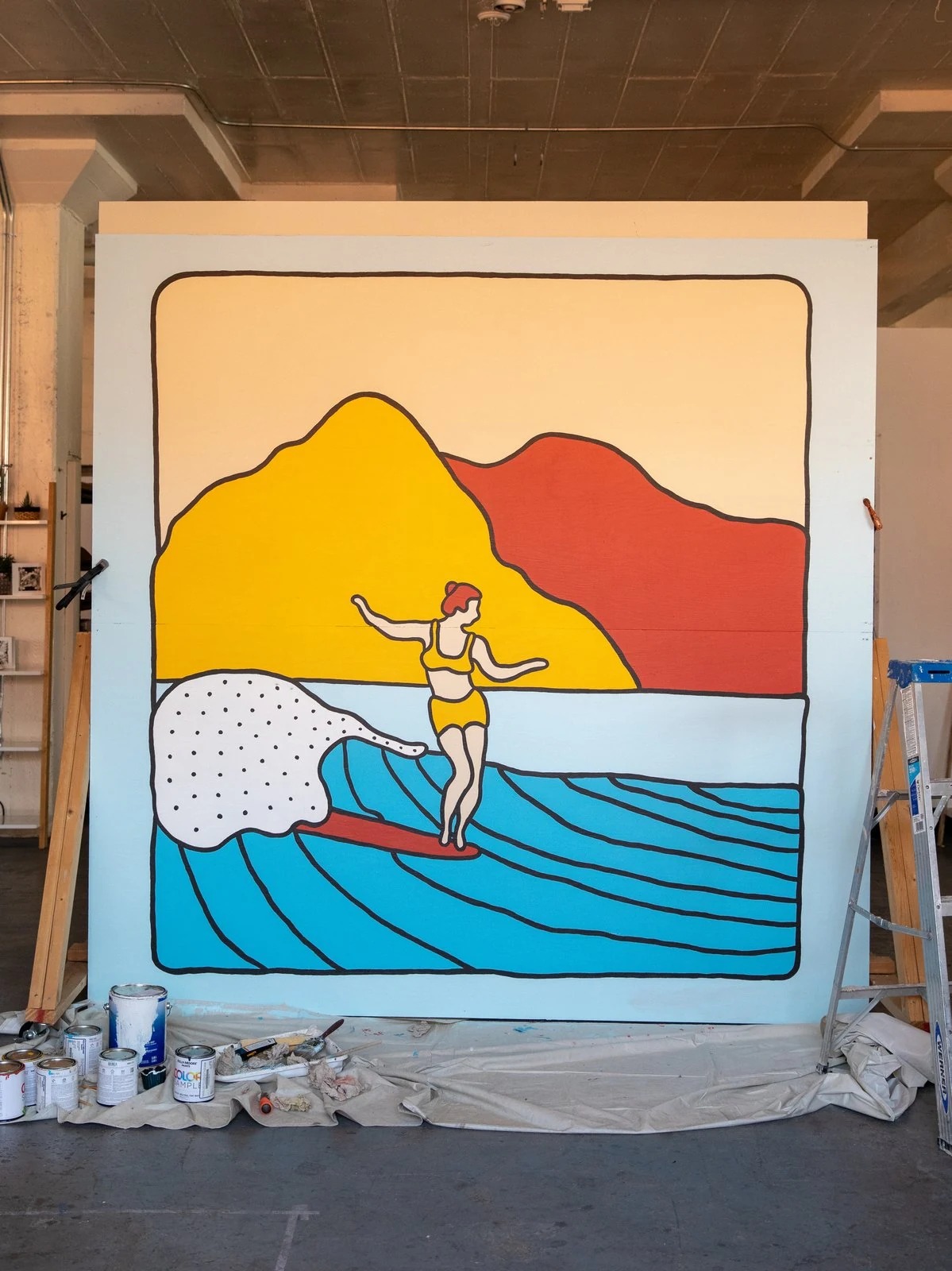 Summer, 2018 — 12x12 ft — West Coast Craft, San Francisco, CA — surf art, surf lifestyle art, ocean wall art, mural art, large scale painting by Alimo, post-pop surf artist Brooklyn NY — image 1 of 2