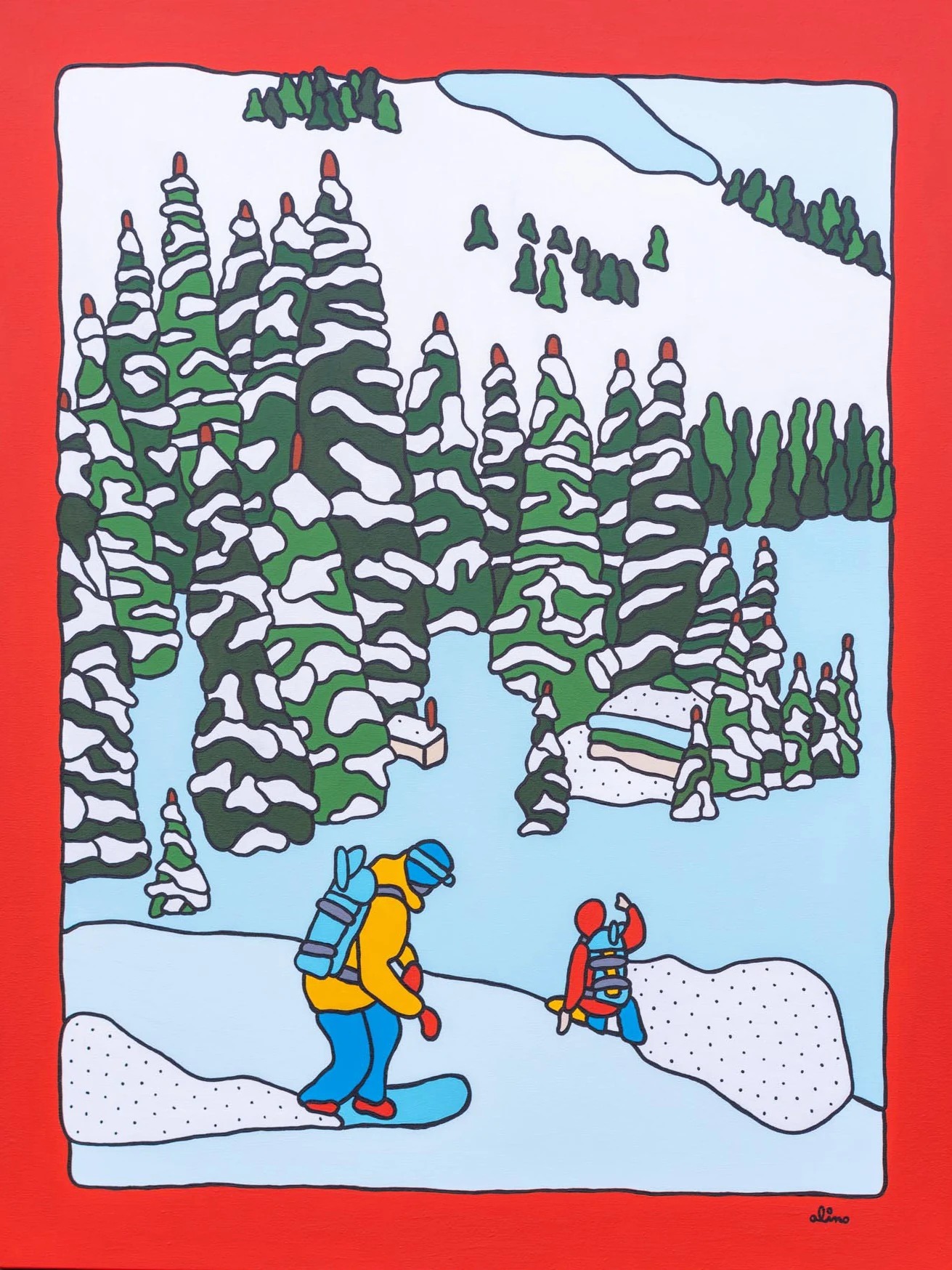 Turns to Basecamp, 2022 — Acrylic on canvas, 36 × 48 in. — original acrylic painting, bold colorful painting, acrylic on canvas by Alimo, post-pop surf artist Brooklyn NY