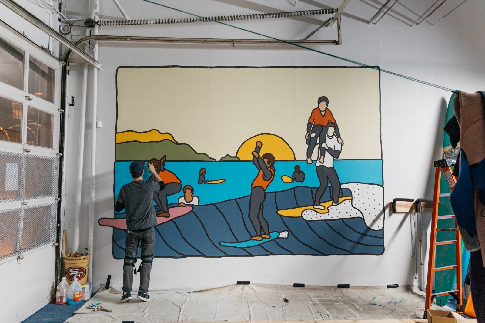 City Surf Project Mural 10x15 ft, 2019 — San Francisco, CA — surf art, surf lifestyle art, ocean wall art, mural art, large scale painting by Alimo, post-pop surf artist Brooklyn NY — image 1 of 3