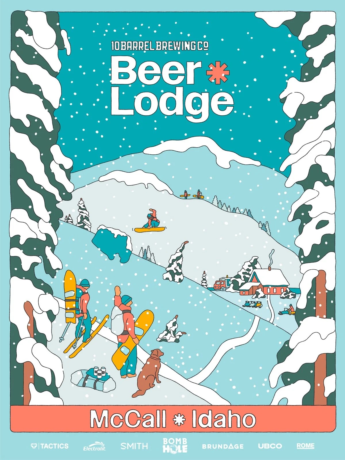 Alimo x 10 Barrel Brewing Co, 2024 — Beer Lodge Poster & Branding — surf art, surf lifestyle art, ocean wall art, surf lifestyle brand art, art collaboration by Alimo, post-pop surf artist Brooklyn NY