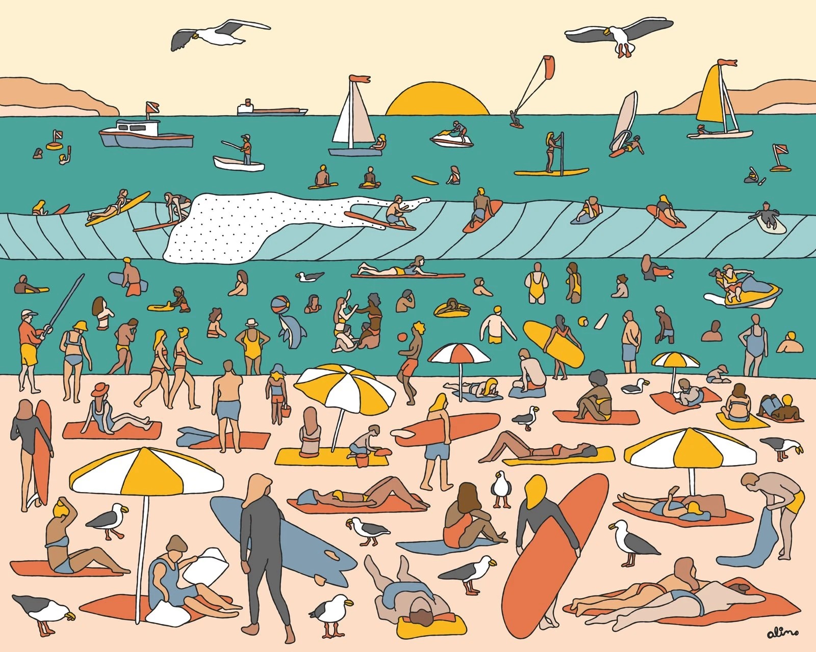 Alimo Beach Day Jigsaw Puzzle, 2020 — surf art, surf lifestyle art, ocean wall art by Alimo, post-pop surf artist Brooklyn NY — image 2 of 5