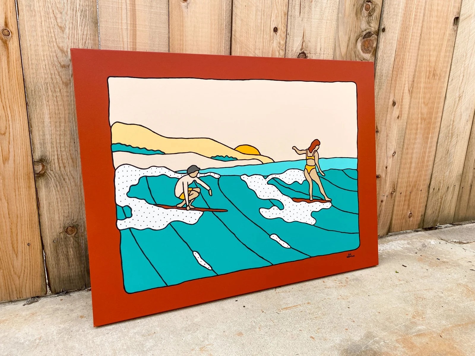 Sharing Is Caring, 2023 — Acrylic on canvas, 30 × 40 in. — original acrylic painting, bold colorful painting, acrylic on canvas by Alimo, post-pop surf artist Brooklyn NY