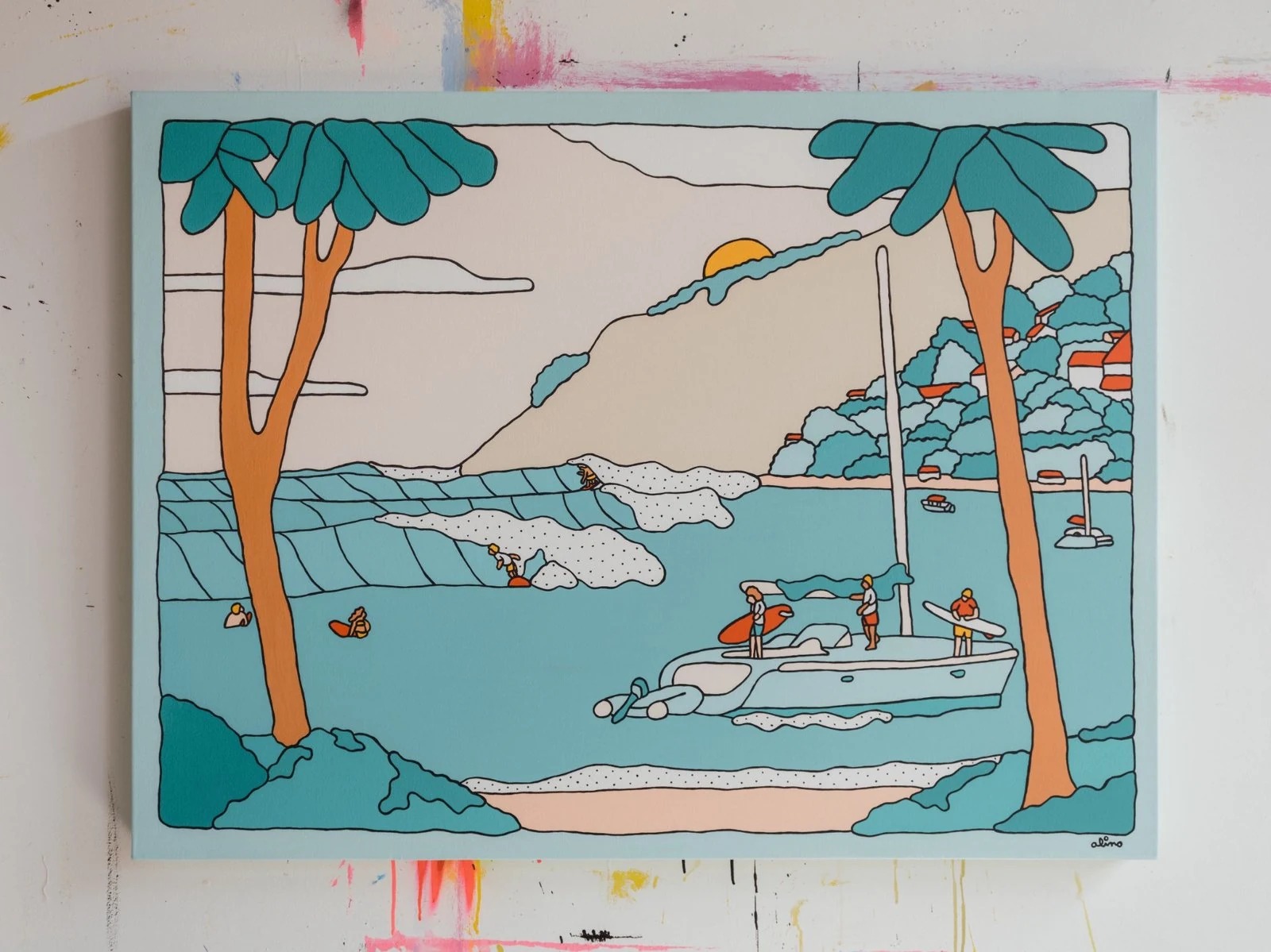 Caribbean Passion, 2024 — acrylic on canvas, 36x48" in. — original acrylic painting, bold colorful painting, acrylic on canvas, tropical art, travel art, surf travel art by Alimo, post-pop surf artist Brooklyn NY — image 1 of 4