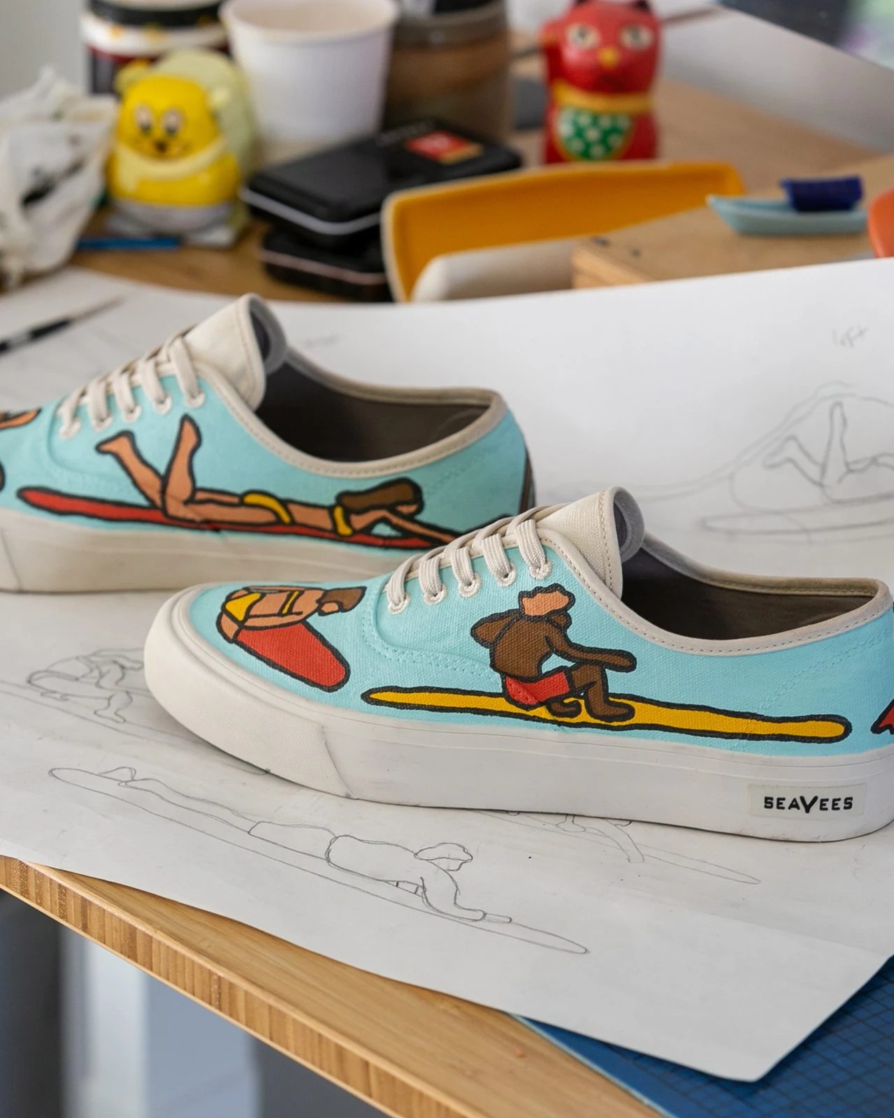 Alimo x SeaVees Shoe Collaboration, 2021 — surf art, surf lifestyle art, ocean wall art, surf lifestyle brand art, art collaboration by Alimo, post-pop surf artist Brooklyn NY — image 1 of 5