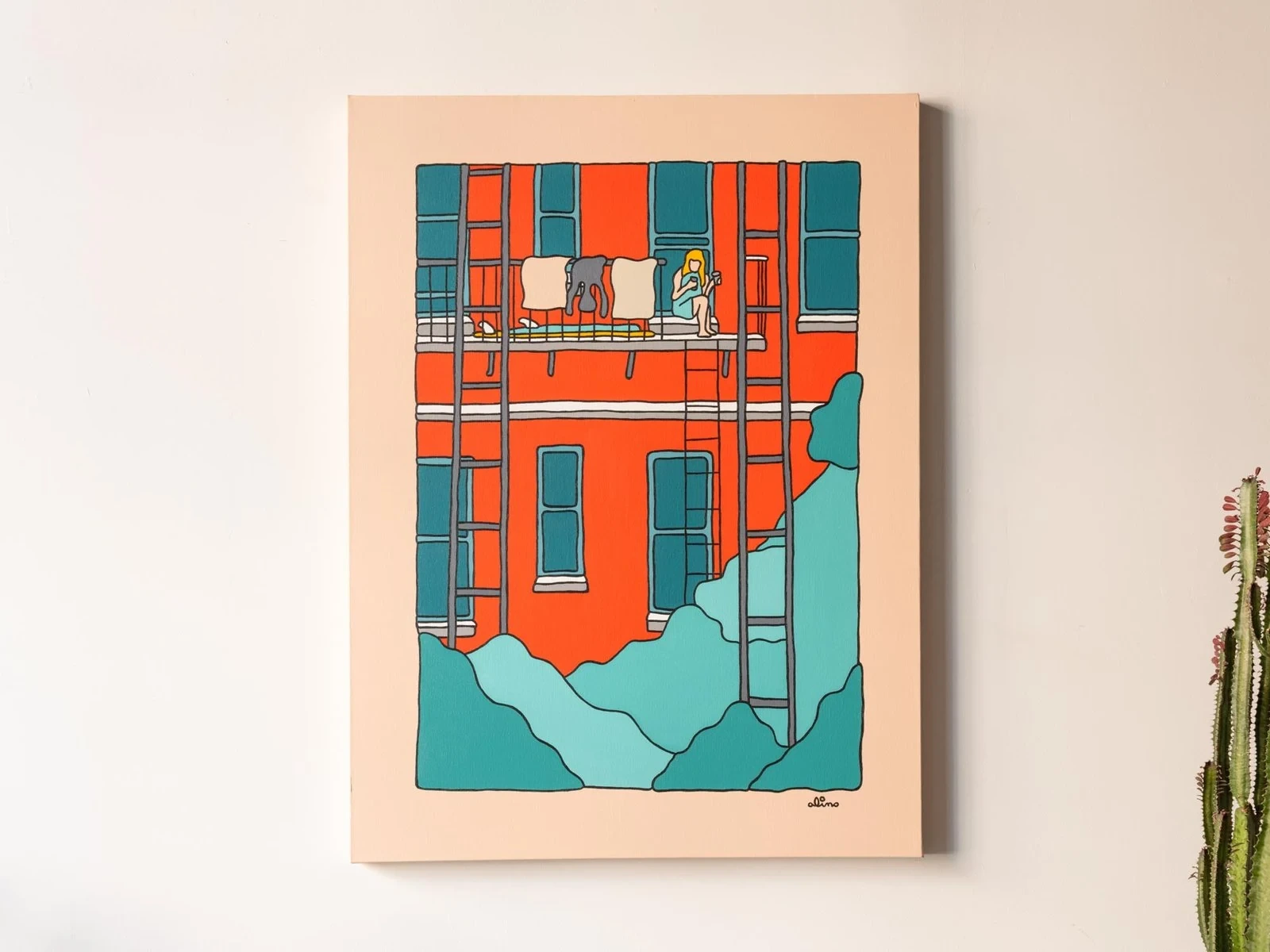 Alimo — Balcony Chillin, Acrylic on canvas, 30 × 40 in. — Solitude Safari, Ilegal Mezcal, Greenpoint, NYC 2023