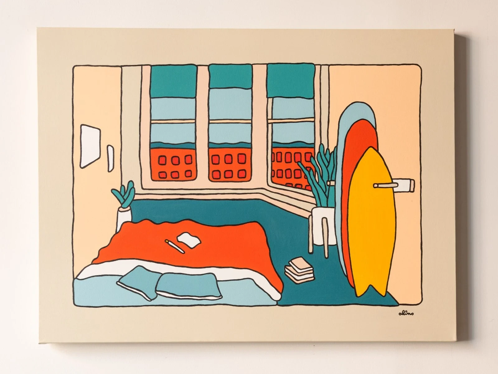 Alimo — Day Dreaming, Acrylic on canvas, 30 × 40 in. — Solitude Safari, Ilegal Mezcal, Greenpoint, NYC 2023