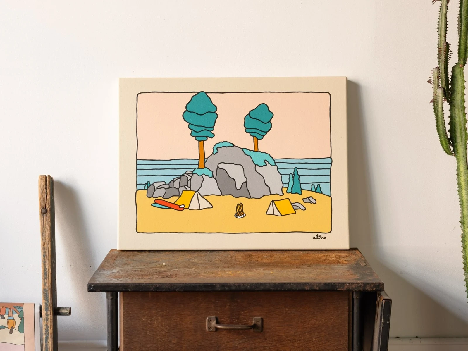 Alimo — Found Peace, Acrylic on canvas, 18 × 24 in. — Solitude Safari, Ilegal Mezcal, Greenpoint, NYC 2023