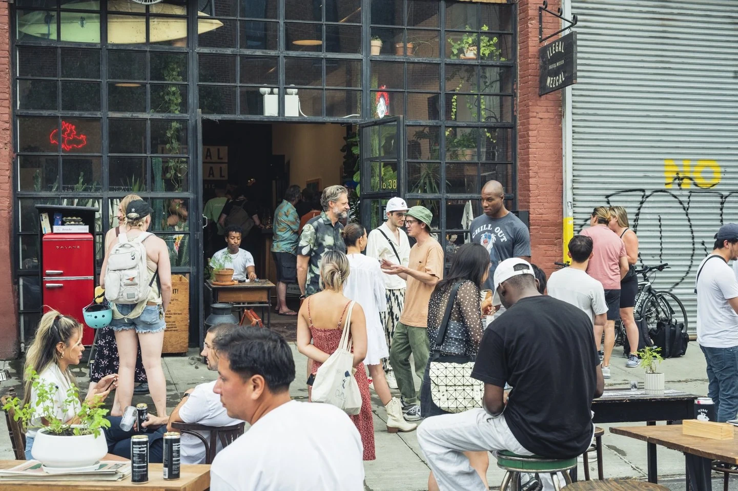 Alimo — Opening Night collectors at exhibition — Solitude Safari, Ilegal Mezcal, Greenpoint, NYC 2023