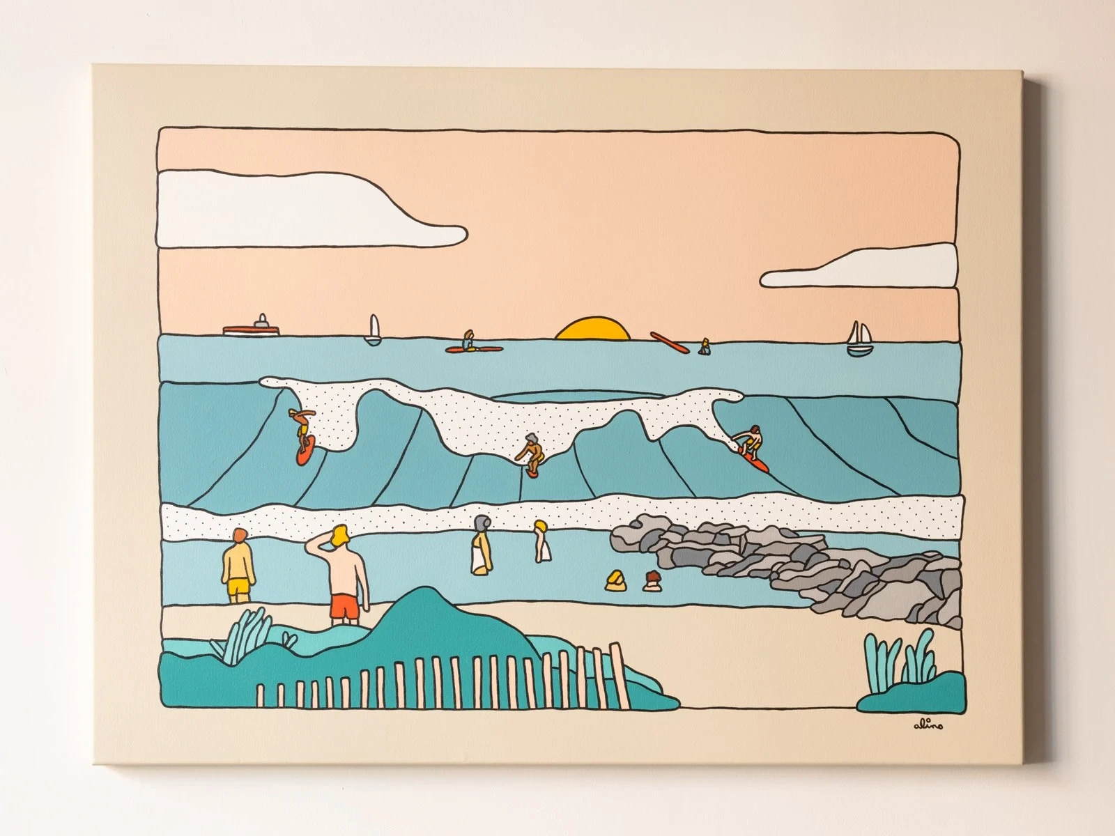 Alimo — Rockaway Magic, Acrylic on canvas, 36 × 48 in. — Solitude Safari, Ilegal Mezcal, Greenpoint, NYC 2023
