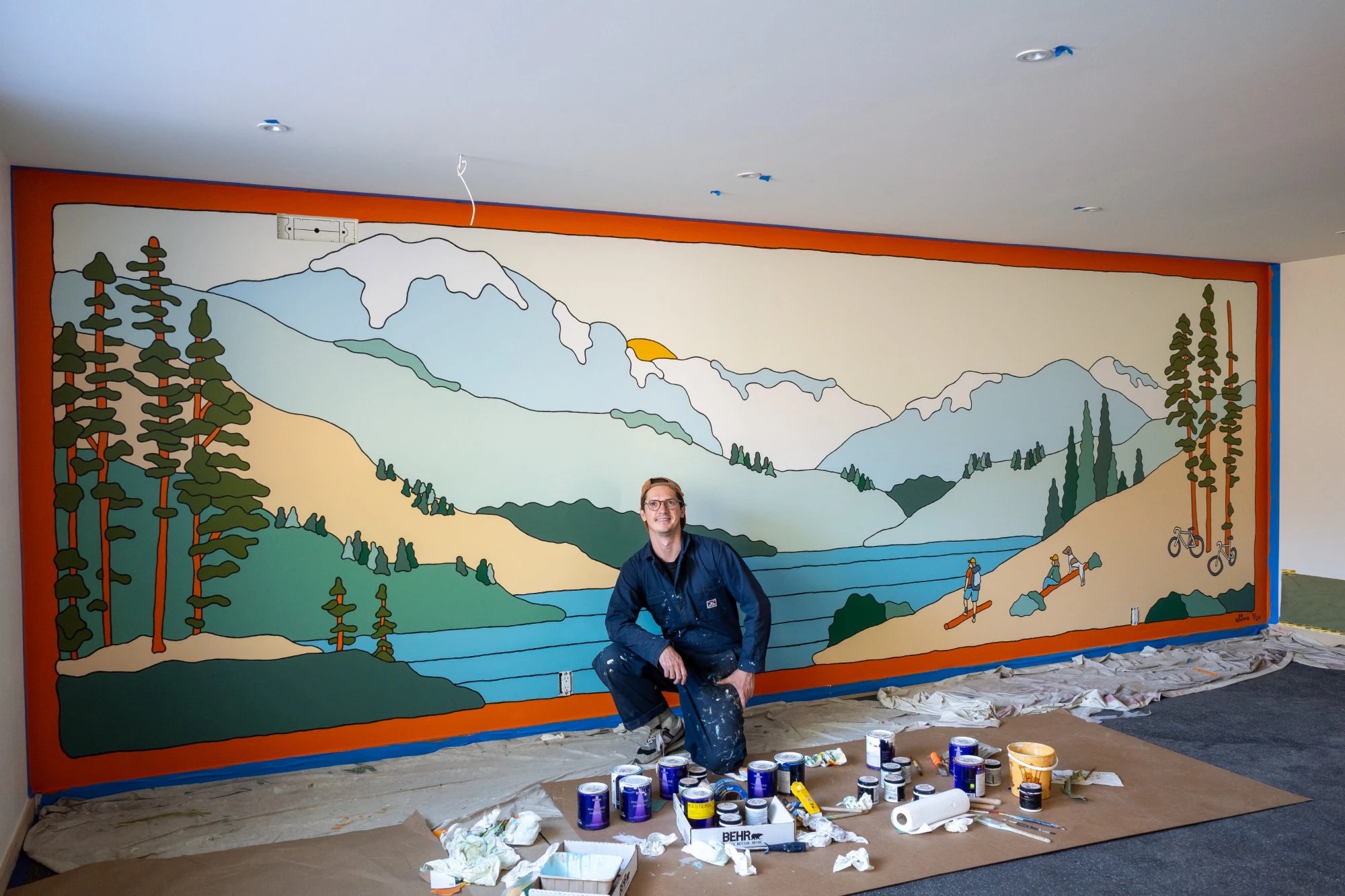 Worth the Hike, 2022 — 25 x 9ft, Oregon — mural art, large scale painting, surf lifestyle brand art, art collaboration by Alimo, post-pop surf artist Brooklyn NY